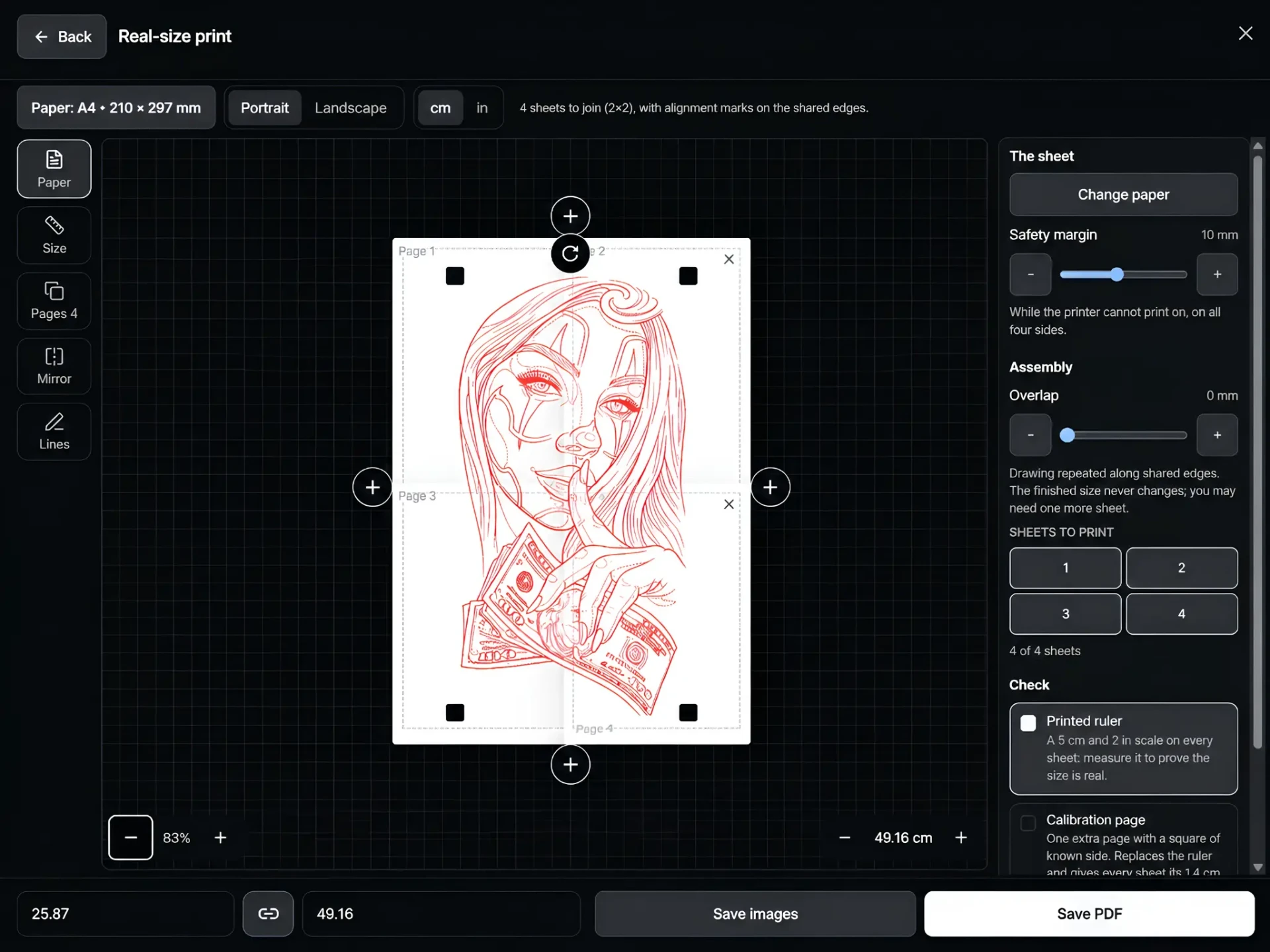 The Prepare print workbench with a stencil split across four A4 sheets and alignment marks at the corners
